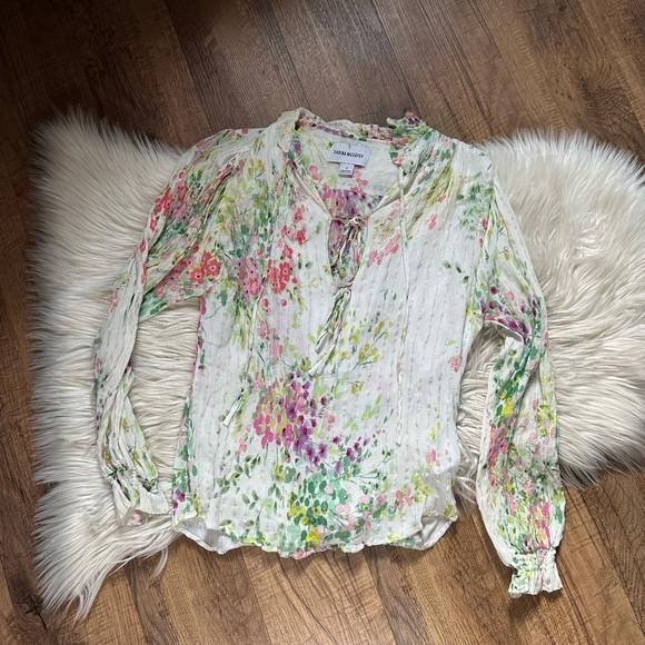 SABINA MUSAYEV Bazooka Puff Sleeve Tie Top In White Floral - Picture 7 of 9